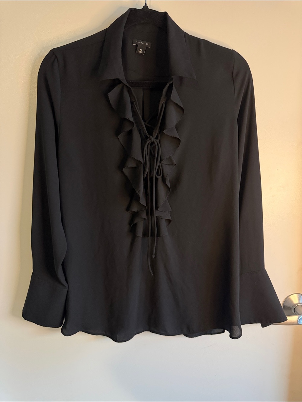 Ann Taylor Whimsigoth Black Ruffle Tie-Neck Blouse